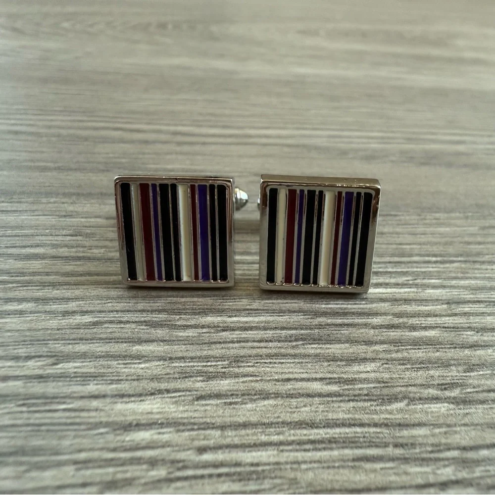 Men’s Striped Black, White, Burgundy & Purple Silver Tone Cuff Links